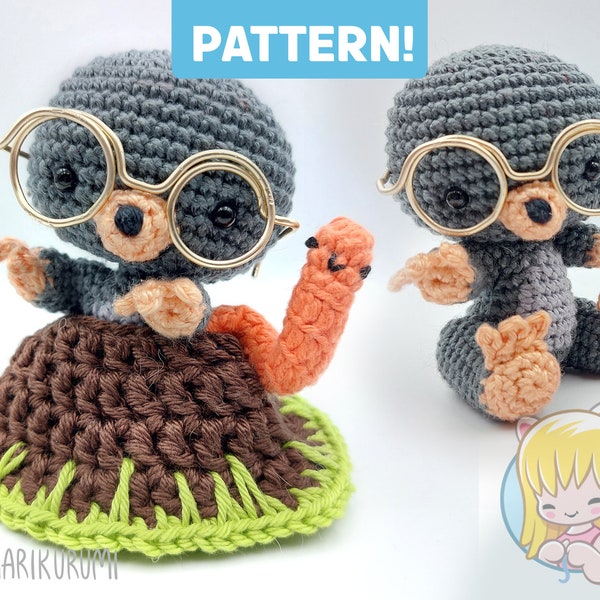 Crochet PATTERN Monty Mole with Wally Worm and molehill, cute adorable, amigurumi Kawainimal with removable and adjustable head