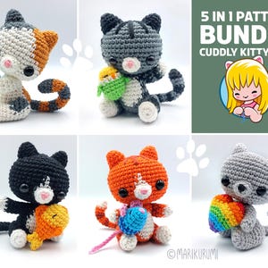 May include: Five crochet kitty cat amigurumi patterns. The patterns include a gray and white cat, a gray cat, a black and white cat, an orange cat, and a gray cat holding a rainbow. The patterns are available as a bundle.