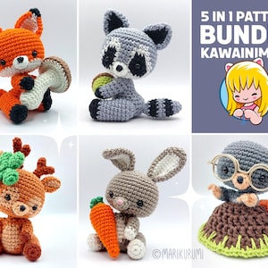 Crochet PATTERN 5-in-1 Pattern Bundle Forest Animals Finnian Fox Riko Raccoon Biba Bunny Fibi Fawn Monty Mole Cute Amigurumi Kawainimals Set
