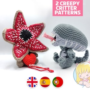 Crochet PATTERN DUO Demodog and Lil' Xeno | cute and scary amigurumi alien and puppy critters with adjustable head | Bundle 2 in 1 set