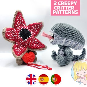 Crochet PATTERN DUO Demodog and Lil' Xeno | cute and scary amigurumi alien and puppy critters with adjustable head | Bundle 2 in 1 set