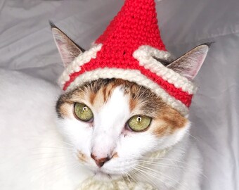 Santa Cat Hat, Crochet Cat Mom Gift, Crochet Christmas Hat for Cats,  Elf Cat Hat, Santa Hat Cat