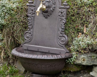 Fuente de pared para lavabo, jardín, aluminio, nostalgia, estilo antiguo, fuente de león marrón
