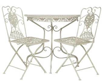 Balkontisch Gartentisch und 2 Stühle halbrund Garnitur creme weiss Antik-Stil