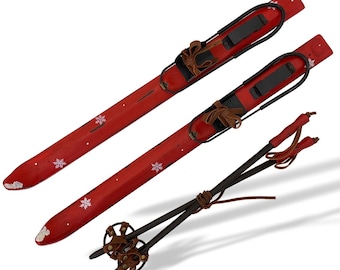 Ski decoration wooden set with bindings poles ski winter sports 52 cm antique style