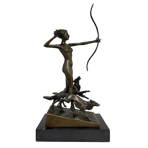 Bronze sculpture figure goddess Diana dog after Lorenzl antique style replica copy (a)