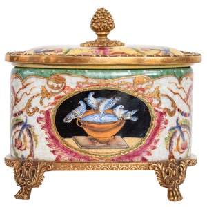 Caja Cofre Pájaro Porcelana Latón Estilo Antiguo 13 cm