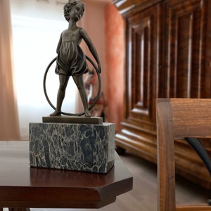 Bronze sculpture bronze figure girl gymnast with hoop on stone plinth image 2