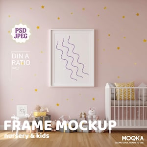 Kids Room Mockup, Nursery White Frame Wall Art Mockup | Vertical Display PSD & JPEG Template