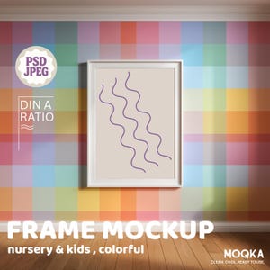 Colorful Nursery Frame Mockup PSD | Vertical Wall Art Template for Kids Room, Baby Room, Modern White Frame Display