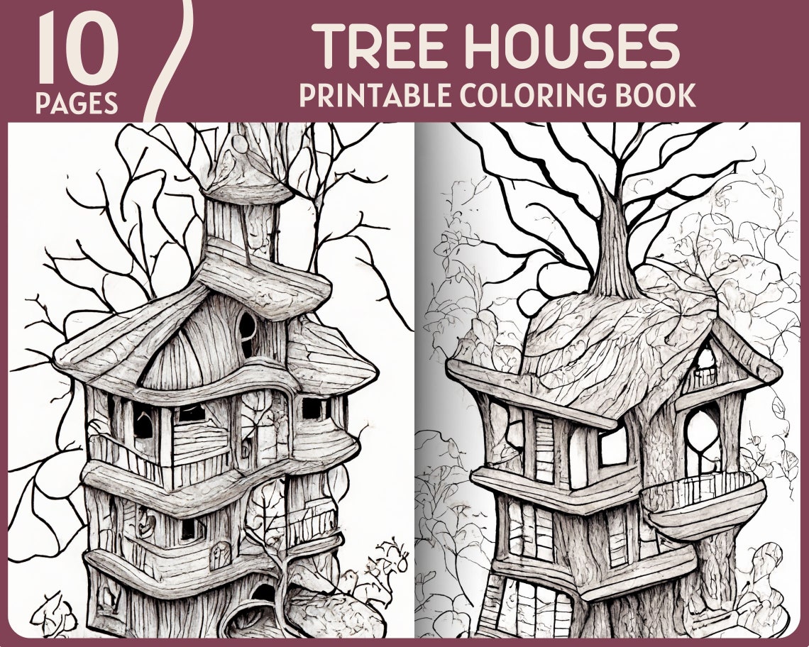 10 Tree Houses Coloring Pages Realistic Tree Nature Fantasy Life Wooden ...
