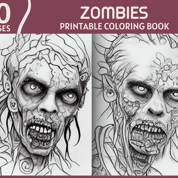10 Zombies Coloring Pages For Adults - Horror Theme Printable Coloring Book - Ugly Zombie Faces Coloring Page Digital Download