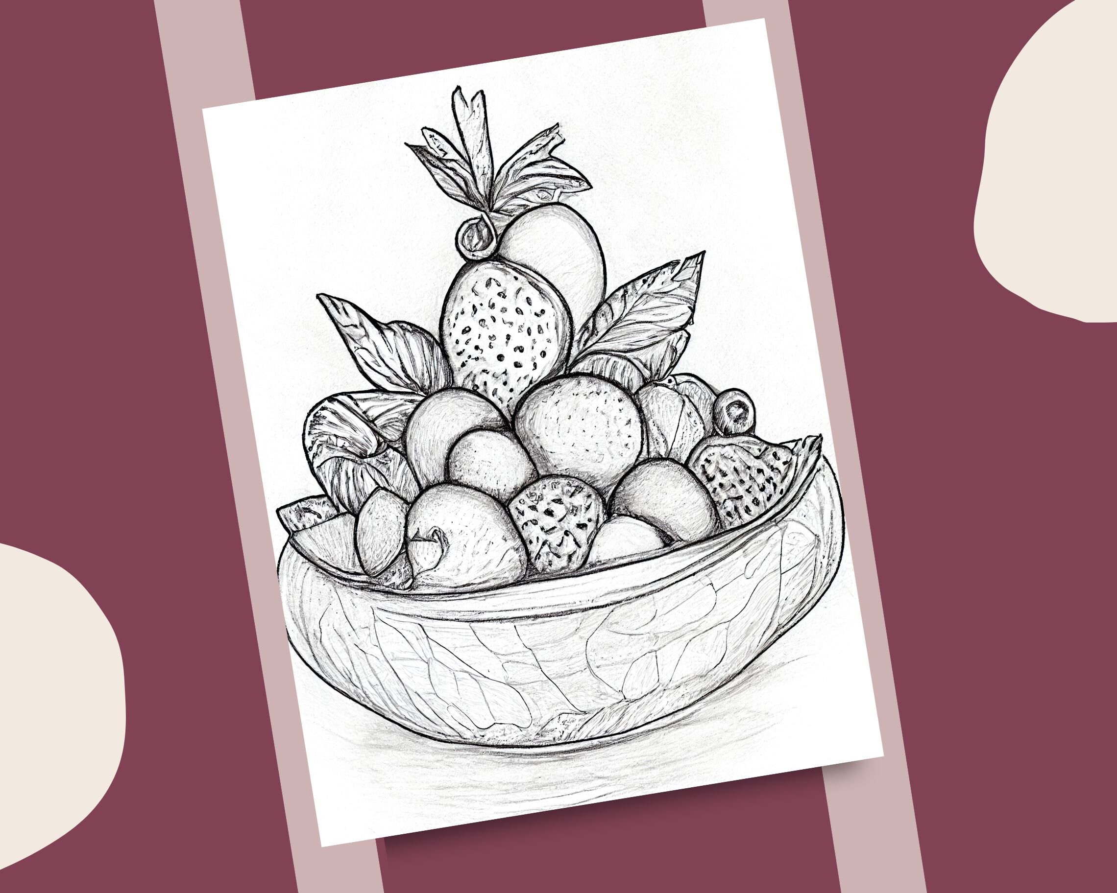 10 Fruit Plates Coloring Pages Grayscale Fruits Coloring Book Printable ...