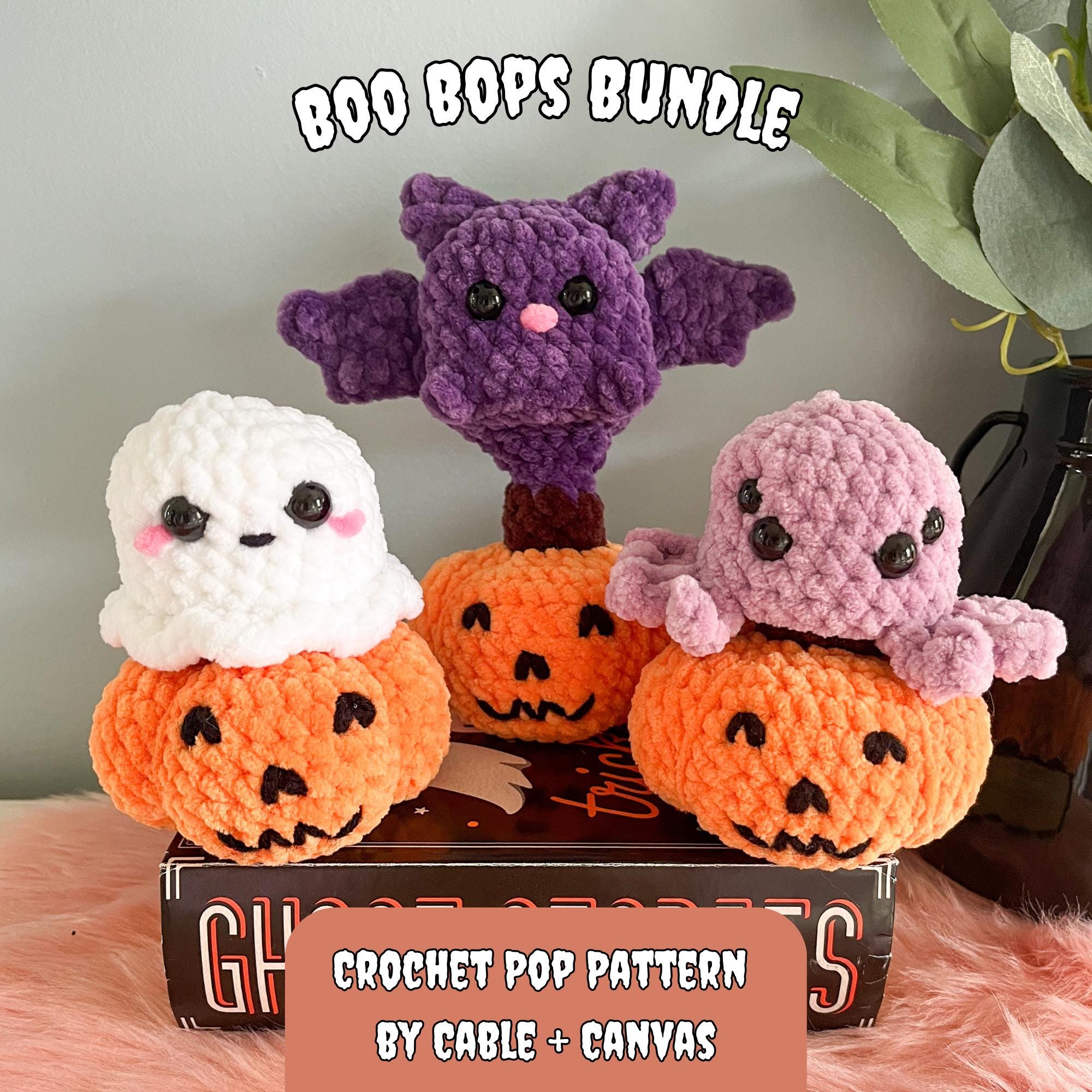 Boo Bop BUNDLE Crochet Pattern - 3 for the price of 2! Low Sew Popping Bat/Spider/Ghost, Pumpkin Pattern, Halloween Pattern