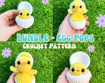 BUNDLE Egg Pop, Itty Bitty + Jr. Size Egg Pops, LOW SEW, Crochet Easter Pattern, Crochet Egg Pattern, Crochet Chick Pattern, Crochet Pop