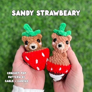May include: Two handmade crochet strawberry bear plushies. The bears have brown fur, black eyes, and green leaf hats. One bear is inside a red strawberry with white seeds. The other bear is attached to a strawberry base. The text "SANDY STRAWBEARY" is at the top.