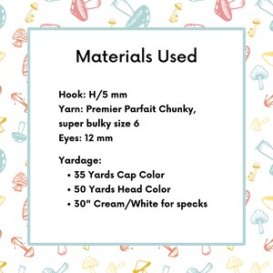 May include: White background with a repeating pattern of colorful mushrooms. A white box in the center displays the text "Materials Used". The text lists the hook size, yarn type, eye size, and yardage for the cap, head, and specks.