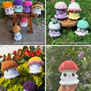 May include: A collection of colorful, crocheted mushroom figures with smiling faces. The mushrooms have various cap colors, including orange, purple, pink, and brown. Some are displayed on a small wooden stool, while others are in a garden setting. The text "@thesnugglyducklingshop" is visible.
