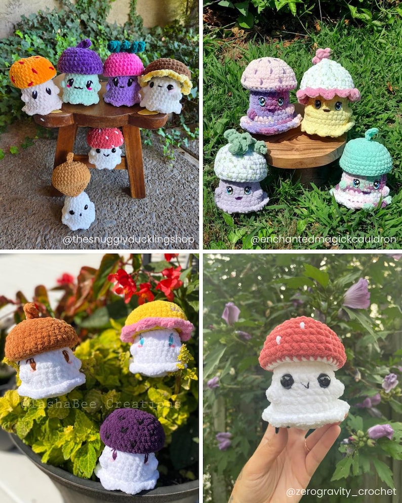 May include: A collection of colorful, crocheted mushroom figures with smiling faces. The mushrooms have various cap colors, including orange, purple, pink, and brown. Some are displayed on a small wooden stool, while others are in a garden setting. The text "@thesnugglyducklingshop" is visible.