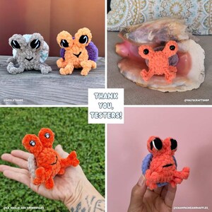 May include: A collection of handmade crochet hermit crabs in various colors. The crabs have large, expressive eyes and are shown in different settings, including a seashell. The image includes the text "Thank you, Testers!"