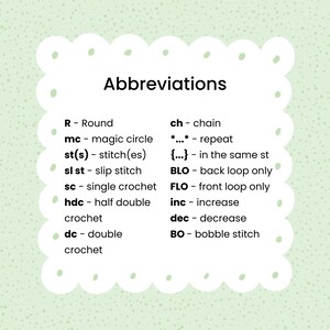 May include: A green and white illustrated chart with the title "Abbreviations" and a list of crochet abbreviations and their meanings. The abbreviations include: R, mc, st(s), sl st, sc, hdc, dc, ch, **, {...}, BLO, FLO, inc, dec, and BO.