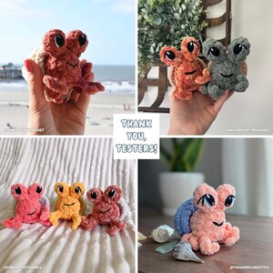 May include: A collection of handmade crochet hermit crabs in various colors, including coral, orange, and gray. Each crab features large, expressive eyes and a smiling face. The image includes the text "Thank You, Testers!"