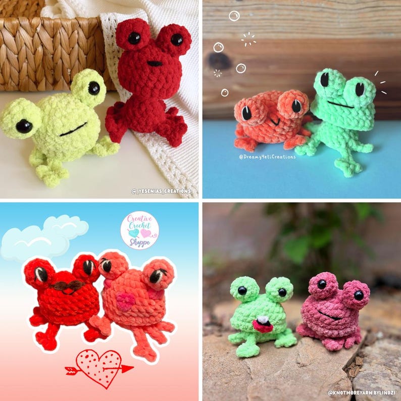 May include: A collection of handmade crochet frog toys in various colors, including green, red, and orange. The frogs have large eyes and are displayed in different settings, showcasing their whimsical design. The image includes the text "Creative Crochet Shoppe".