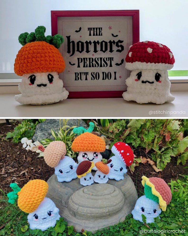 May include: Crocheted mushroom plushies with white bodies and colorful caps. One has an orange cap with green leaves, another a red cap with white spots. A framed sign reads "THE horrors PERSIST - BUT SO DO I."