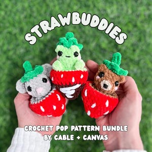 May include: Three crochet strawberry-themed plushies. One is a gray mouse, one is a green frog, and one is a brown bear. Each plushie is nestled in a red strawberry with white spots. The text "STRAWBUDDIES" is at the top.