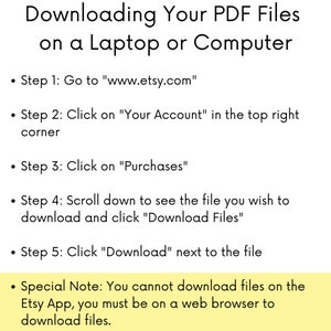 Puede incluir: Una gu&iacute;a de texto sobre c&oacute;mo descargar archivos PDF de Etsy en una computadora port&aacute;til o de escritorio. La gu&iacute;a incluye cinco pasos, con una nota especial de que no puedes descargar archivos en la aplicaci&oacute;n Etsy, debes usar un navegador web.