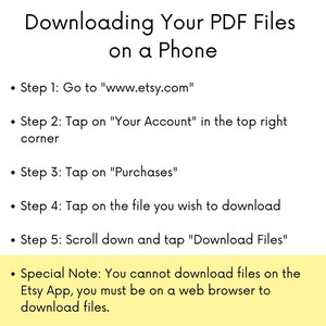 Puede incluir: Un fondo amarillo con texto negro que explica c&oacute;mo descargar archivos PDF en un tel&eacute;fono usando el sitio web de Etsy. El texto incluye los pasos del 1 al 5 y una nota especial que indica que no se pueden descargar archivos en la aplicaci&oacute;n de Etsy.