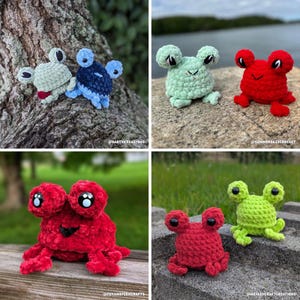 May include: A collection of handmade crochet frog toys in various colors, including green, red, and blue. The frogs have large eyes and are displayed on a tree trunk and stone surfaces. The image showcases the texture and detail of the crochet work.