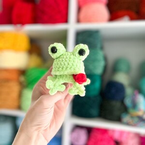 May include: A light green crocheted frog with large black eyes and a small red heart. The frog is handmade and has a textured appearance. The background features shelves filled with colorful yarn.