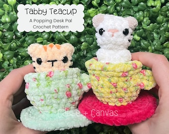 ¡¡SIN COSER!! Tabby Teacup Popping Desk Pal, Patrón PDF, Patrón Pop de Ganchillo