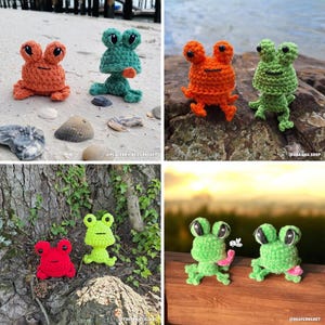 May include: A collection of handmade crochet frog figurines in various colors, including orange, green, and red. The frogs have large eyes and are posed in different positions. Some are on a beach, others on a rock or tree trunk. The overall theme is whimsical and playful.