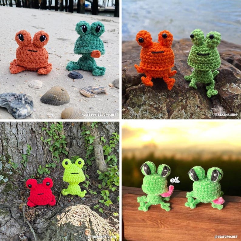 May include: A collection of handmade crochet frog figurines in various colors, including orange, green, and red. The frogs have large eyes and are posed in different positions. Some are on a beach, others on a rock or tree trunk. The overall theme is whimsical and playful.