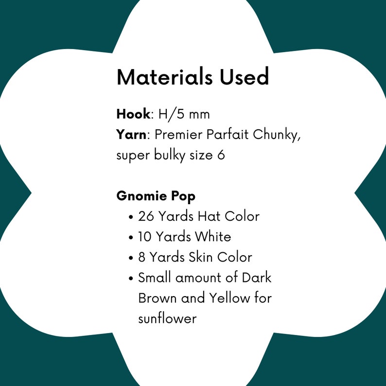 Puede incluir: Lista de materiales para un proyecto de gnomo de crochet. La lista incluye hilo, tama&ntilde;o de gancho y yardas para cada color: Color del sombrero (26 yardas), Blanco (10 yardas), Color de piel (8 yardas), Marr&oacute;n oscuro y amarillo para el girasol (cantidad peque&ntilde;a).