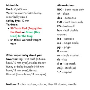 May include: A white page with black text detailing crochet materials, abbreviations, and yardage. Materials include a G/4.5 mm hook, Premier Parfait Chunky yarn, and 12 mm safety eyes. Yardage specifies 30 yards of red or green yarn and 5 inches of black yarn.