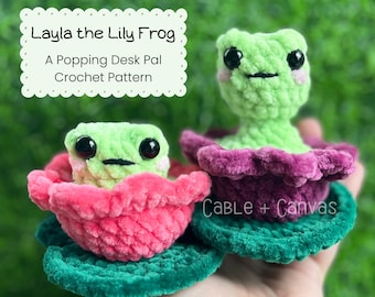 KEIN SEW Frosch Pop, Layla die Lilienfrosch Pop, Schreibtischfreund, Itty Bitty Size, Pop-Muster, Häkel-Frosch-Muster, Seerosenblatt-Muster