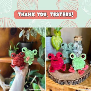 May include: Crocheted frog toys in shades of red, green, and teal. The frogs have large eyes and are displayed on a wooden surface. The text "THANK YOU, TESTERS!" is at the top of the image.