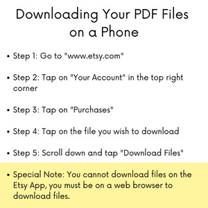 Puede incluir: Un gr&aacute;fico amarillo y blanco con texto negro que explica c&oacute;mo descargar archivos PDF de Etsy en un tel&eacute;fono. El texto incluye los pasos para descargar archivos desde el sitio web de Etsy en un tel&eacute;fono m&oacute;vil. El texto tambi&eacute;n indica que no se pueden descargar archivos desde la aplicaci&oacute;n de Etsy.