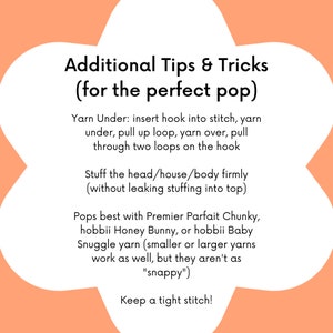 Puede incluir: Un gr&aacute;fico de color melocot&oacute;n con texto blanco que describe consejos y trucos para hacer un pop perfecto. El texto incluye instrucciones para el hilo debajo, el relleno de la cabeza, la casa o el cuerpo, y recomendaciones de hilos.