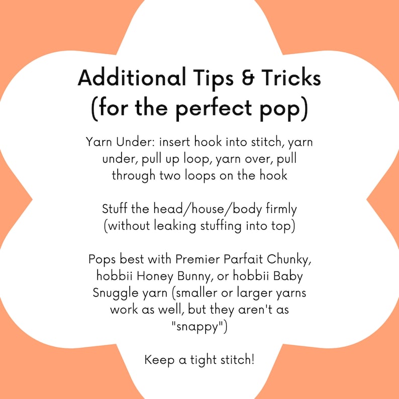 Puede incluir: Un gr&aacute;fico de color melocot&oacute;n con texto blanco que describe consejos y trucos para hacer un pop perfecto. El texto incluye instrucciones para el hilo debajo, el relleno de la cabeza, la casa o el cuerpo, y recomendaciones de hilos.