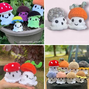 May include: A collection of colorful, crocheted mushroom figures with smiling faces. The mushrooms have various cap colors, including red with white spots, orange, and green. These handmade amigurumi mushrooms are displayed in a pot and on a black surface.