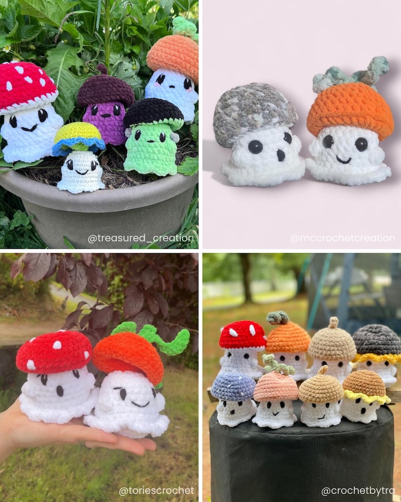 May include: A collection of colorful, crocheted mushroom figures with smiling faces. The mushrooms have various cap colors, including red with white spots, orange, and green. These handmade amigurumi mushrooms are displayed in a pot and on a black surface.