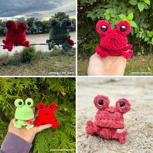 May include: A collection of handmade crochet frog toys in various colors, including red, green, and pink. The frogs have large eyes and are posed in different positions. Some are shown outdoors, while others are held by a person.