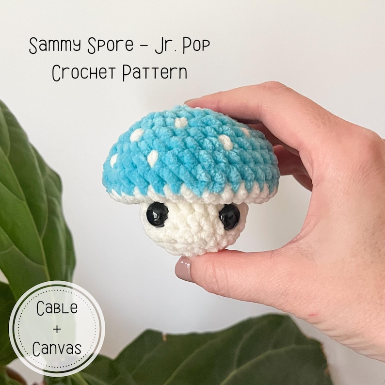 Puede incluir: Un juguete de amigurumi de hongo tejido a crochet con un gorro azul y blanco y un tallo blanco. El hongo tiene ojos negros y est&aacute; siendo sostenido por una mano.