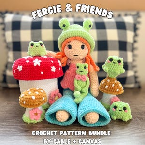 Fergie and Friends Crochet Ragdoll Pattern Bundle, Low Sew Frog & Mushroom (Digital Download)