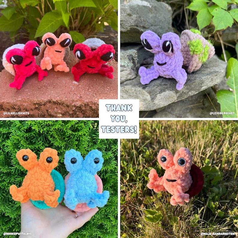 May include: A collage of colorful, crocheted snail-like creatures. The snails are in various colors, including red, orange, purple, and blue, with large, expressive eyes. The text "THANK YOU, TESTERS!" is in the center.