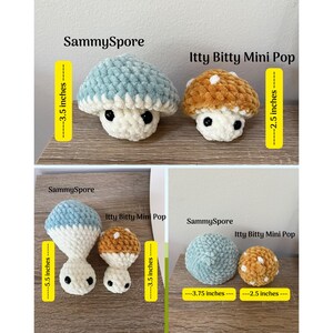 Puede incluir: Dos juegos de peluches de setas de ganchillo en diferentes tama&ntilde;os. Las setas m&aacute;s grandes miden 8,9 cm de alto y las m&aacute;s peque&ntilde;as 6,4 cm. Las setas est&aacute;n hechas con hilo azul y marr&oacute;n y tienen caras blancas con ojos negros.